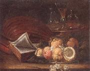 unknow artist Still life of a lute,books,apples and lemons,together with a gilt tazza with a wine glass and decanters,all upon a stone ledge oil painting artist
